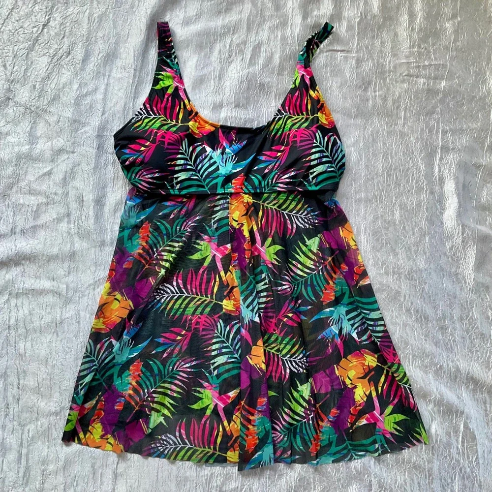 4XL Tropical Palm  Print Swim Dress Tankini Top Mesh Overlay Cover Up Front Slit
